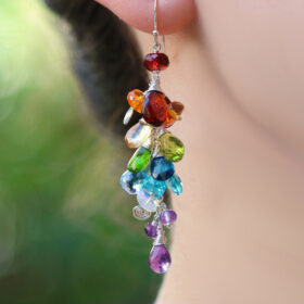 The Toy Earrings – Multi Gemstone Rainbow Earrings, Long Gemstone Cluster Earrings in Sterling Silver