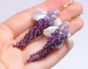 Purple Amethyst and Silver-Lilac Pearls Cluster Earrings