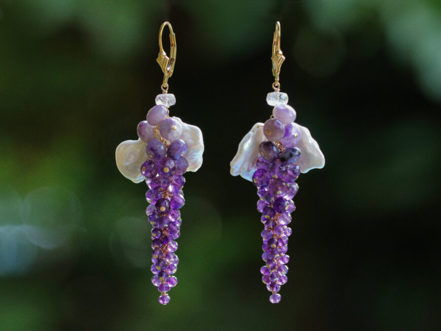 Purple Amethyst and Silver-Lilac Pearls Cluster Earrings