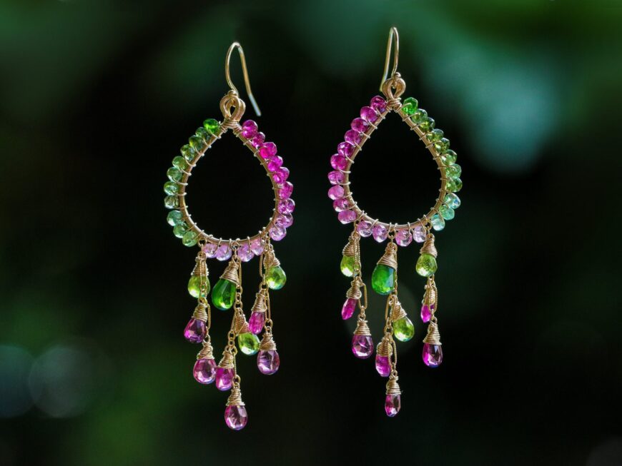 The Spring Love Earrings - Rubellite Pink and Green Tourmaline Chandelier Earrings in Gold Filled, Wire Wrapped Hoop Gemstone Earrings