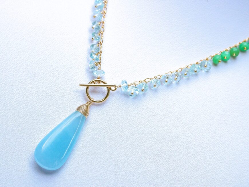 Blue Aquamarine Necklace with Chrysoprase and Green Onyx, Gold Filled Statement Necklace, One of a Kind