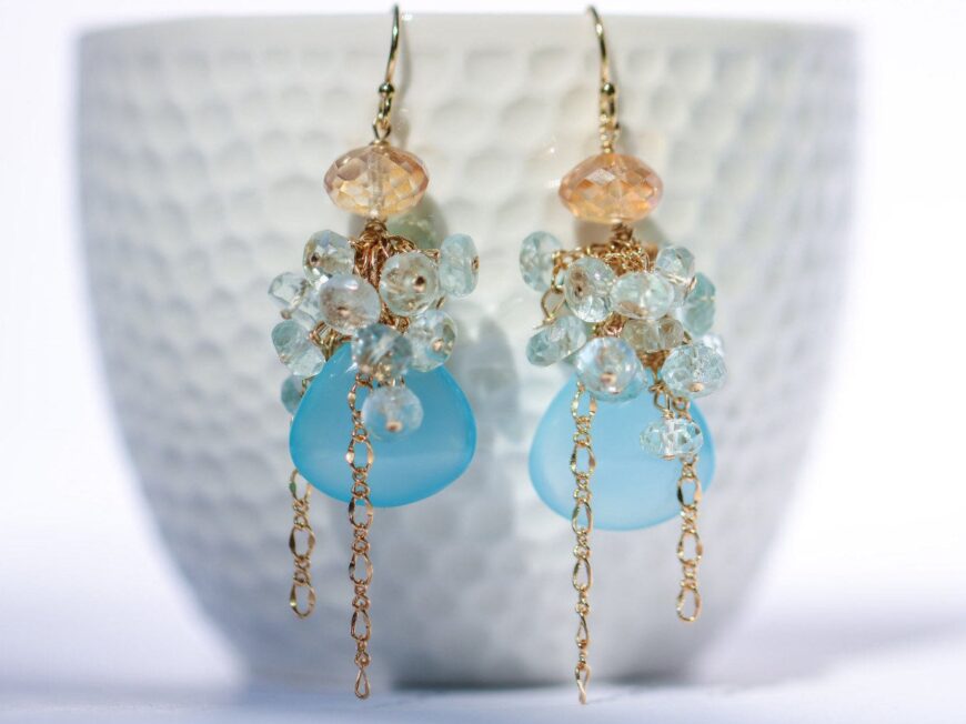 Blue Chalcedony with Aquamarine Gemstone Cluster Earrings in Gold Filled