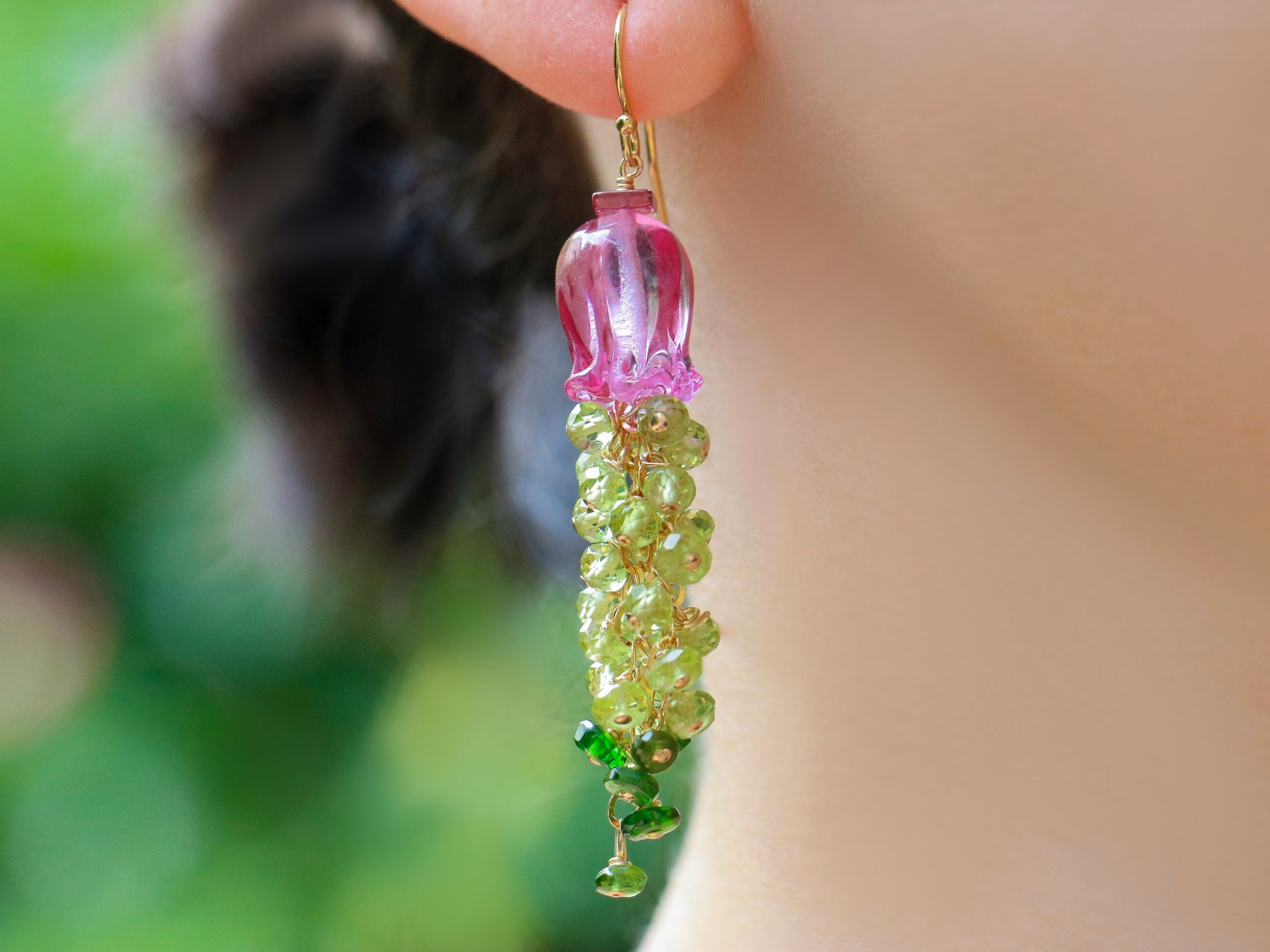 Peridot and Lampwork Flower Gemstone Cascade Earrings in Gold Filled