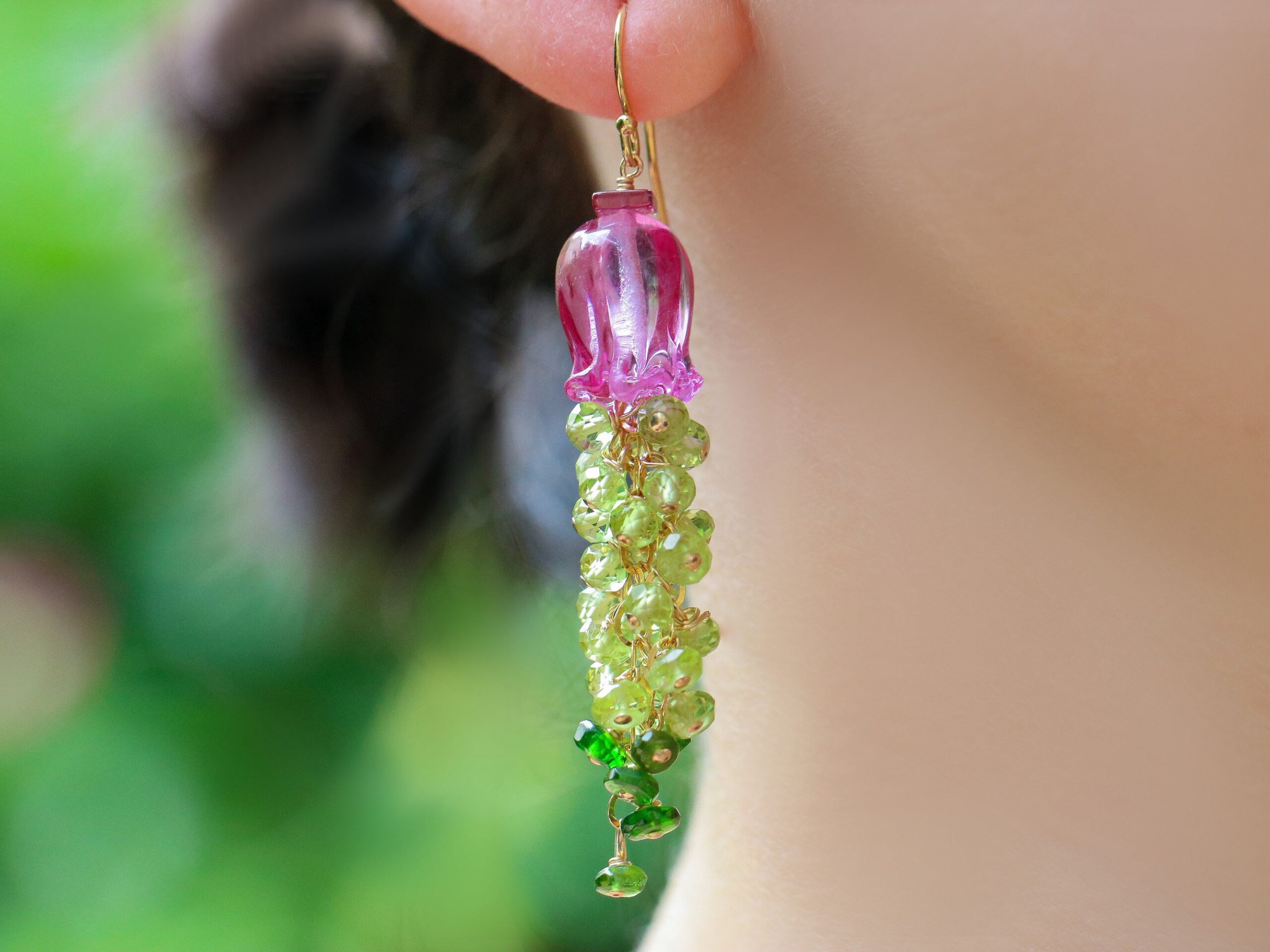 Peridot and Lampwork Flower Gemstone Cascade Earrings in Gold Filled