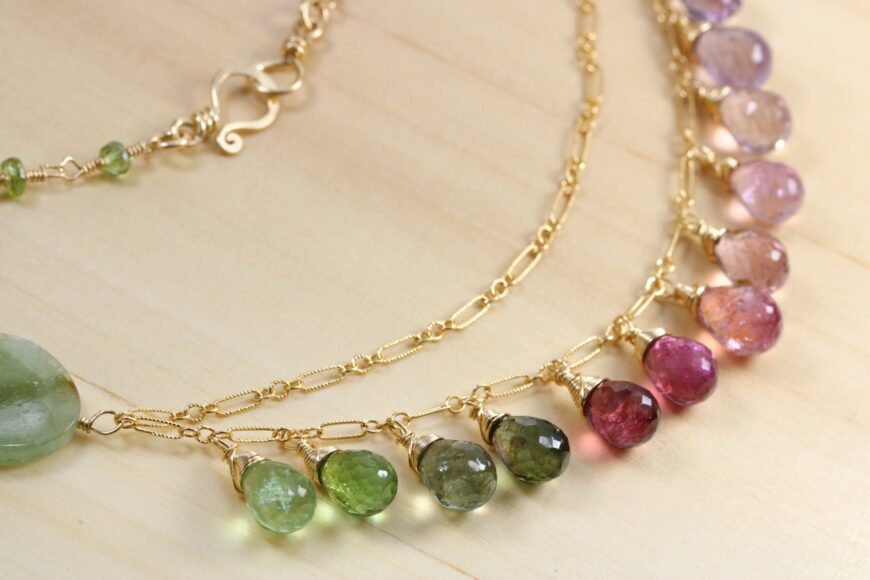 Watermelon Tourmaline Double Stranded Necklace in Gold Filled, Tourmaline Drop Necklace, One of a Kind