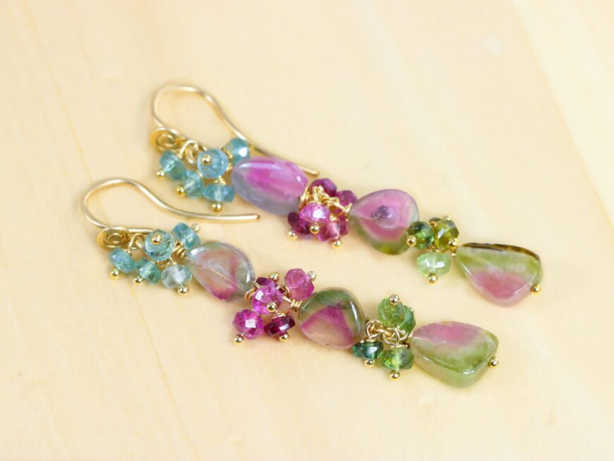 Watermelon Tourmaline Linear Earrings, Blue Tourmaline, Luxury Collection 14K Gold Filled, One of a Kind