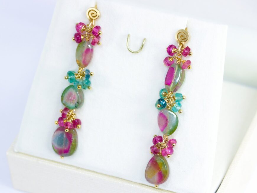 Watermelon Tourmaline Linear Earrings, Blue Tourmaline, Luxury Collection 14K Gold Filled, One of a Kind