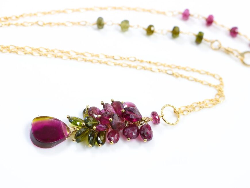 Watermelon Tourmaline Pendant Necklace in Gold Filled with Tourmaline Slice, One of a Kind