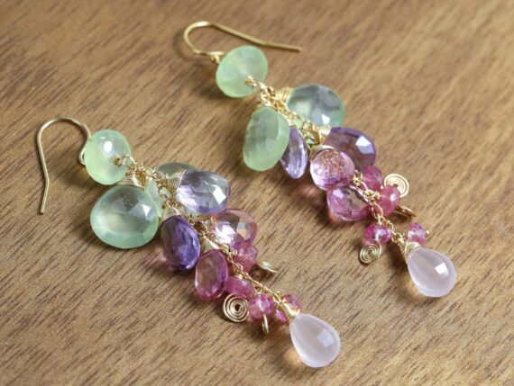 Green Prehnite with Topaz, Sapphires and Pink Amethyst Dangle Cluster Earrings