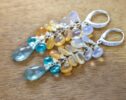 Moss Aquamarine and Mexican Fire Opal Long Cluster Earrings in Silver