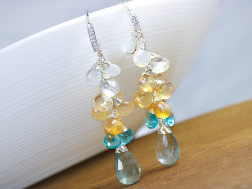 Moss Aquamarine and Mexican Fire Opal Long Cluster Earrings in Silver