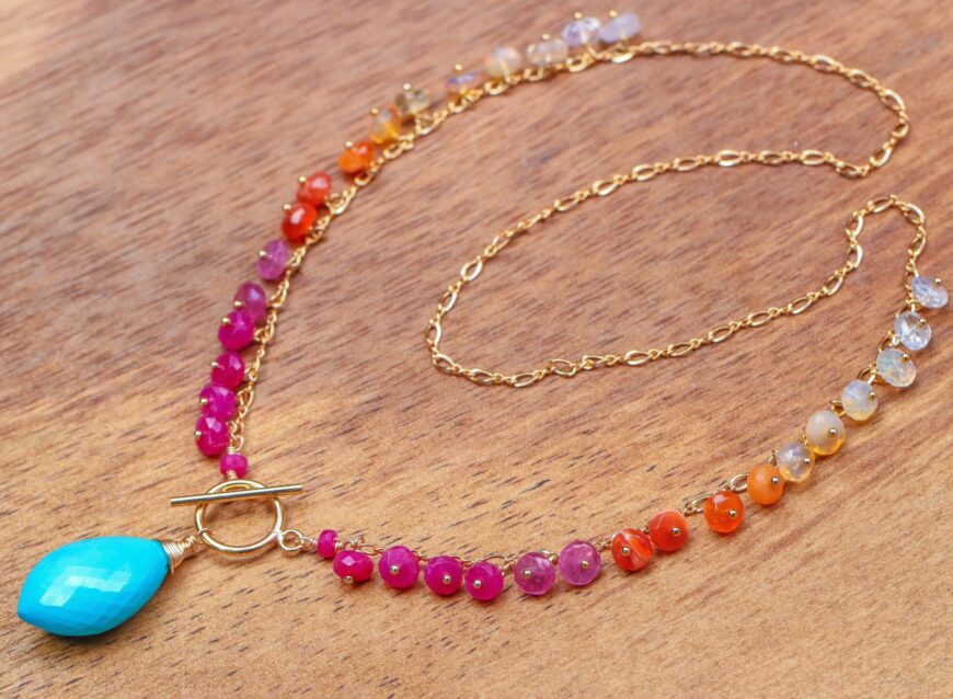 Turquoise, Pink Ruby, Pink Sapphire and Mexican Fire Opal Statement Necklace in Gold Filled