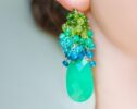 Green Chrysoprase with Chrome Diopside, Peridot and Apatite Cluster Earrings in Silver, Luxury Statement Earrings