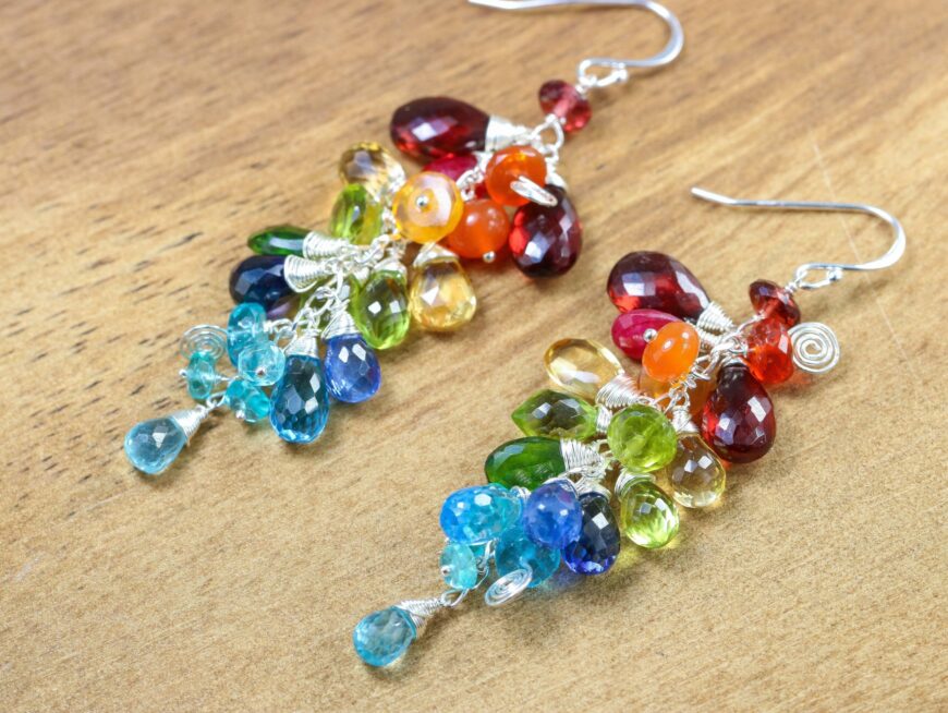 Multi Gemstone Rainbow Earrings, Long Gemstone Cluster Earrings in Sterling Silver