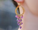 Pink Sapphires and Purple Amethyst Chandelier Earrings in Gold Filled, Wire Wrapped Hoop Gemstone Earrings