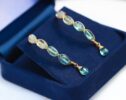 Blue Aquamarine Open Hoop Earrings in Gold Filled