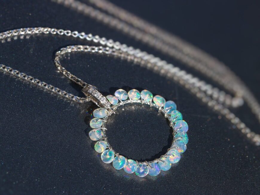 Ethiopian Opal Wire Wrapped Gemstone Hoop Pendant in Silver