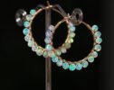 Solid Gold 14K Ethiopian Opal Wire Wrapped Gemstone Hoop Earrings