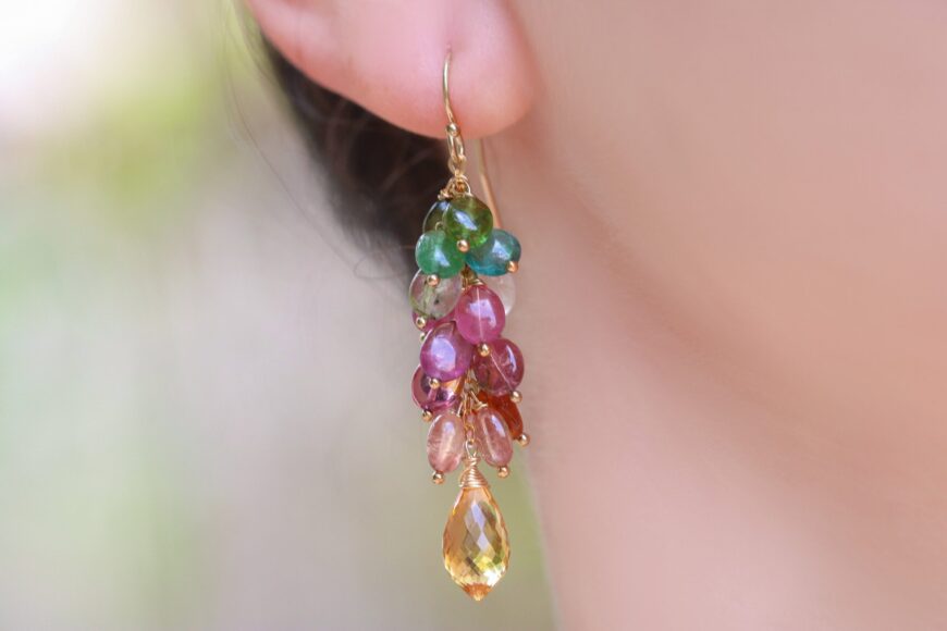Pink and Green Tourmaline Dangle Earrings with Citrine Briolettes