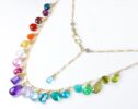 Solid Gold 14K Rainbow Multi Gemstone Necklace in Solid Gold, Precious Drop Necklace