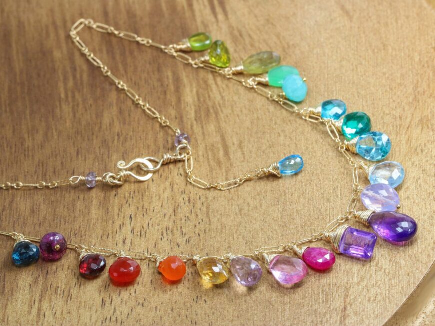 Solid Gold 14K Rainbow Precious Gemstone Bracelet Wire Wrapped