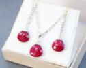 Red-Pink Ruby Pendant and Earrings in Silver, July Birthstone Pendant Jewelry Set