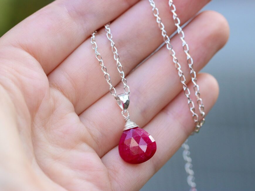 Red-Pink Ruby Pendant in Silver, Small Gemstone July Birthstone Pendant