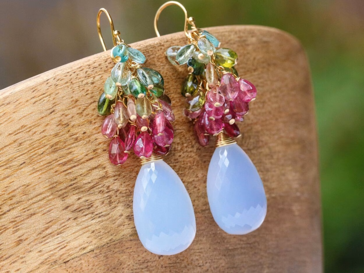 Watermelon Tourmaline Earrings with Natural Lavender Chalcedony