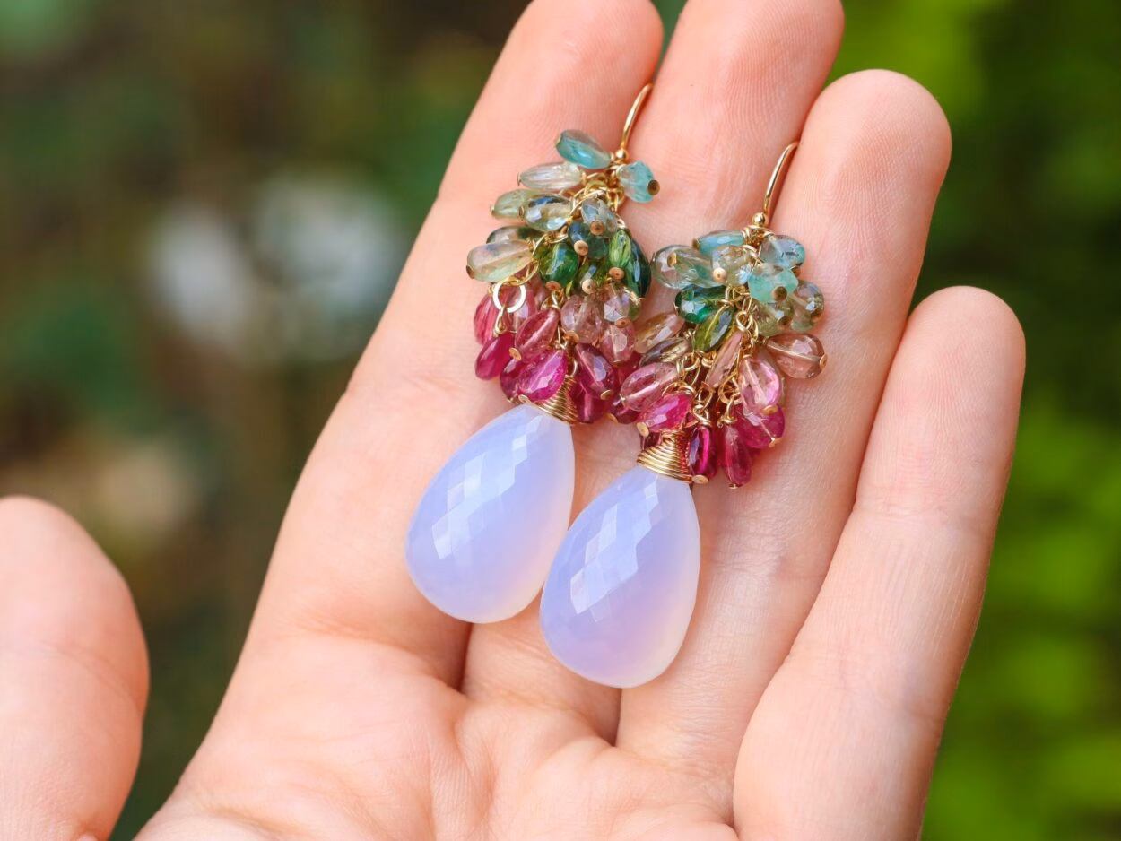 Watermelon Tourmaline Earrings with Natural Lavender Chalcedony