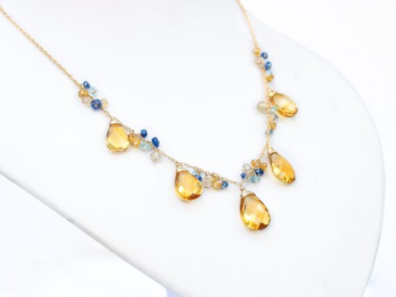 Yellow Citrine Necklace with Kyanites, Topazes and Aquamarines in Gold Filled