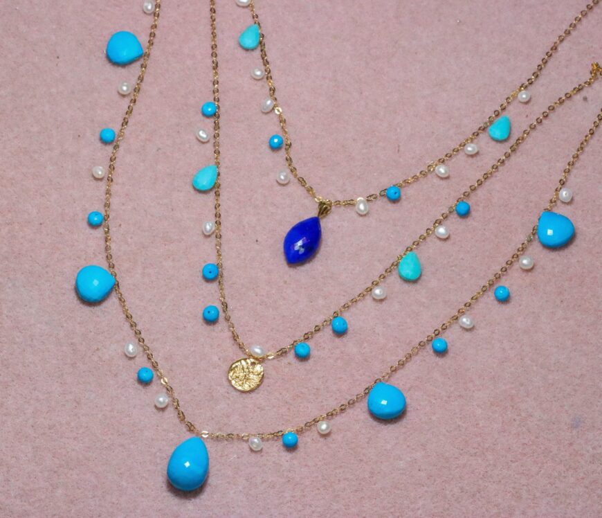 Turquoise Necklace, three layers with Pearls and Lapis Lazuli