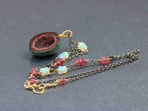 Mini Geode Tabasco Necklace with Ethiopian Opal and Pink Tourmaline, Mixed Metals Necklace, One of a Kind