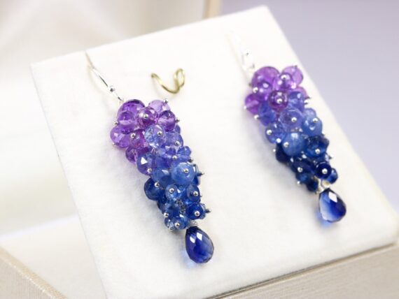 Purple Amethyst, Tanzanite, Kyanite and Sapphires Gemstone Cluster Earrings