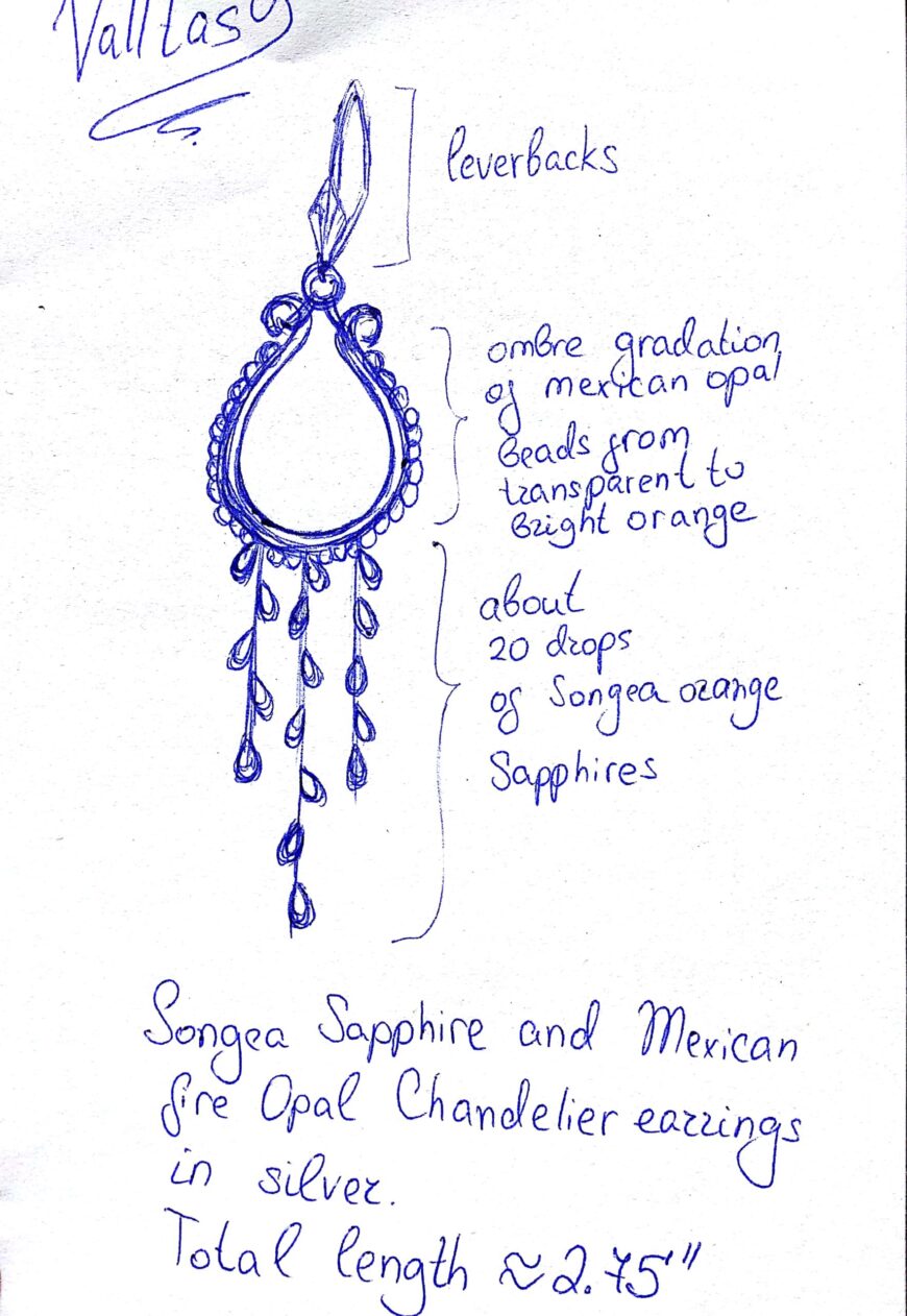 Orange Songea Sapphires and Mexican Fire Opal Silver Chandelier Earrings
