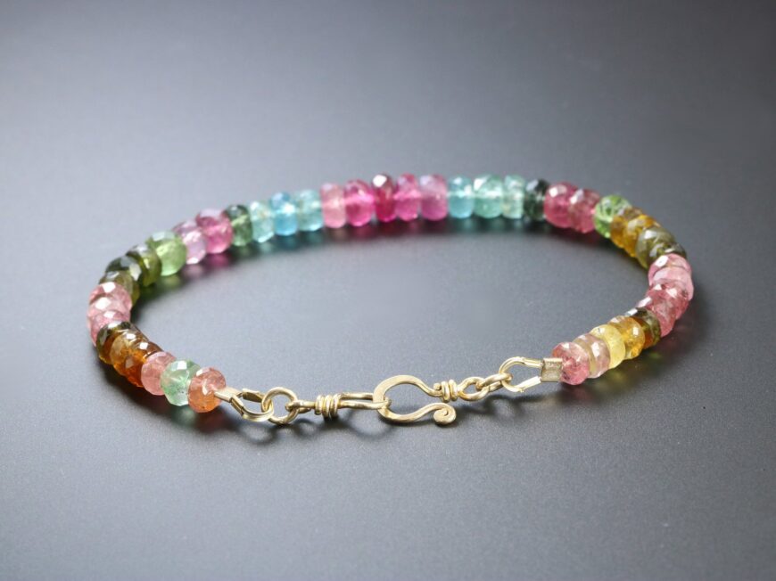 Solid Gold 14K Watermelon Tourmaline Bracelet with Pink and Blue Tourmaline