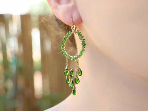 Chrome Diopside Green Chandelier Earrings in Gold Filled, Wire Wrapped Hoop Gemstone Earrings