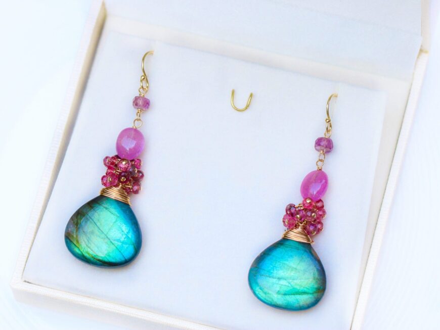 Flashy Blue Labradorite Dangle Earrings with Pink Sapphires and Pink Spinel, One of a Kind