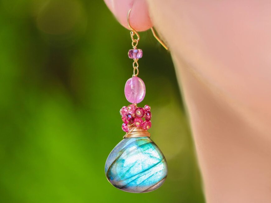 Flashy Blue Labradorite Dangle Earrings with Pink Sapphires and Pink Spinel, One of a Kind