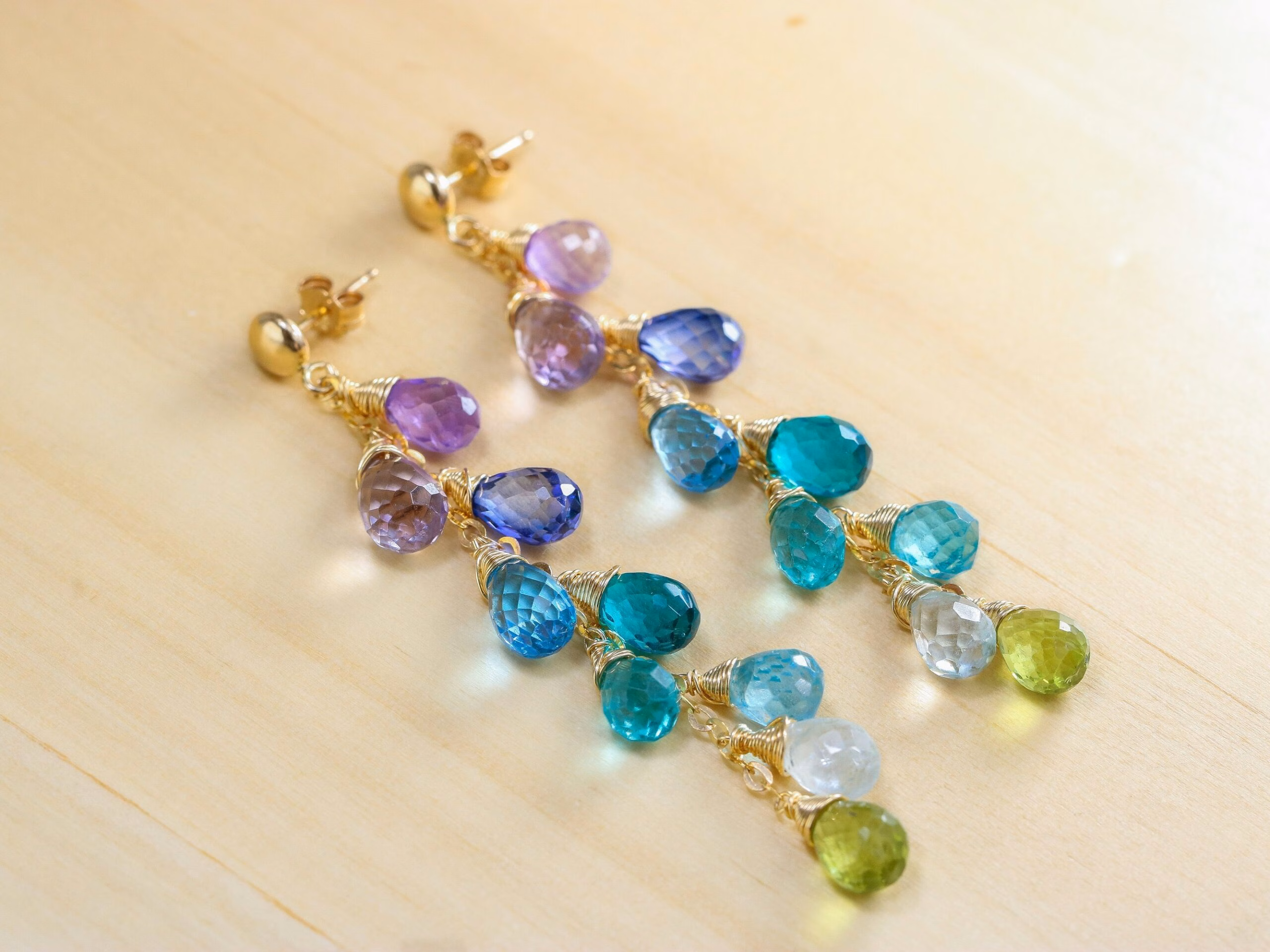 - Solid Gold 14K Multi Gemstone Colorful Rainbow Earrings