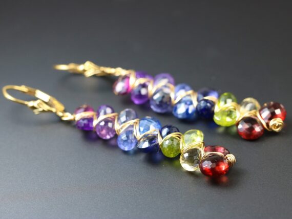 Multi Gemstone Woven Earrings, Rainbow Semi-Precious Gemstone Earrings