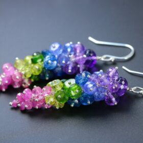 The Meadow Earrings – Purple Amethyst, Tanzanite, Kyanite, Peridot and Pink Rubies Gemstone Cluster Earrings