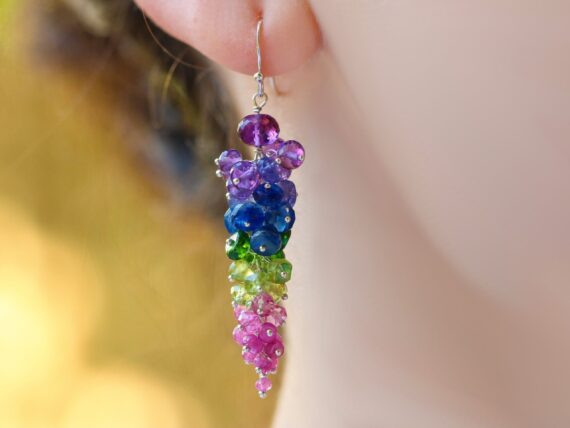Purple Amethyst, Tanzanite, Kyanite, Peridot and Pink Rubies Gemstone Cluster Earrings