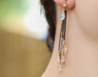 Rainbow Moonstone Earrings with Mixed Metals, Moonstone Cascade Earrings