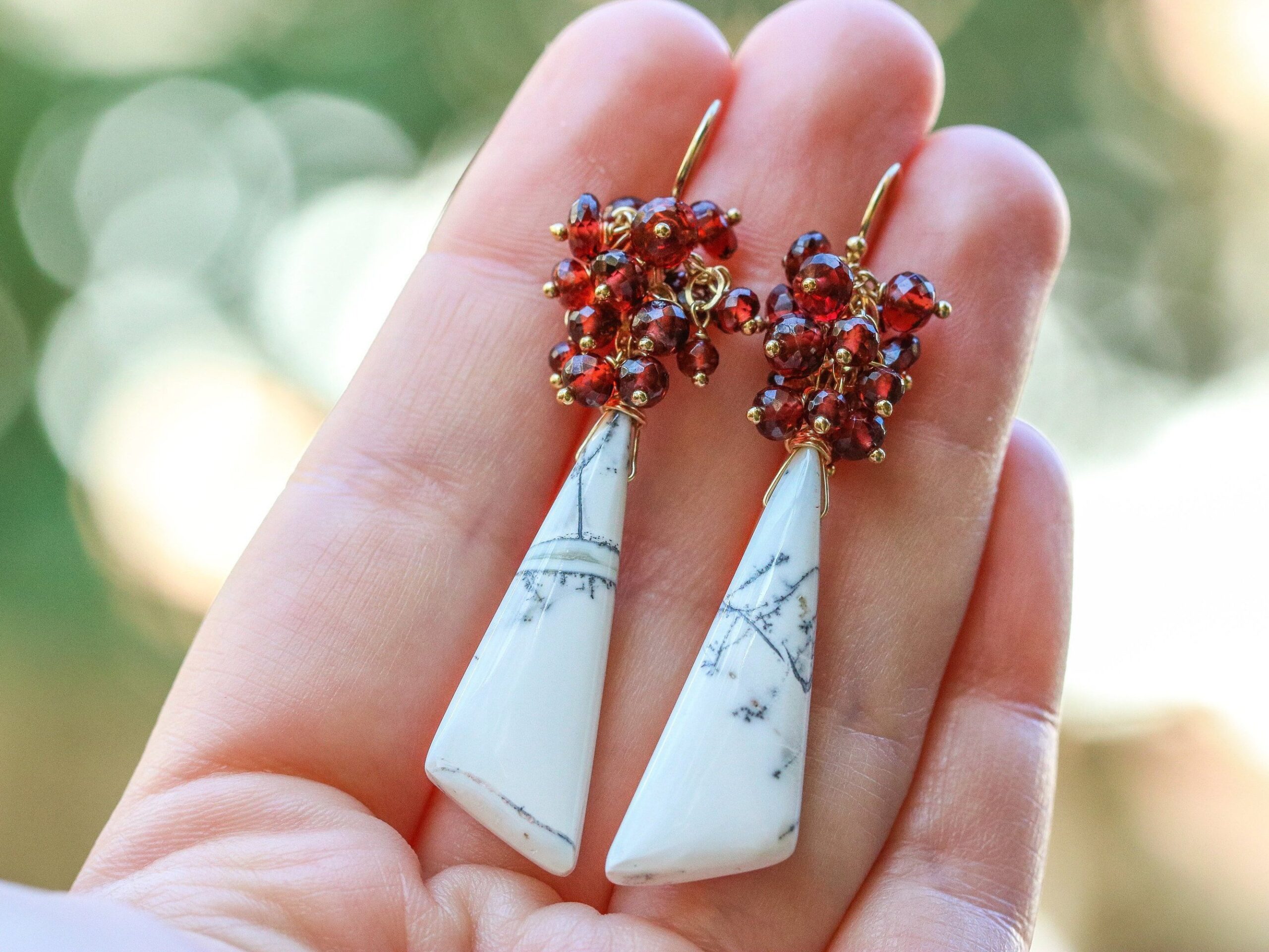 Red Garnet and Dendrite Opal Cluster Earrings in Gold, One of a Kind