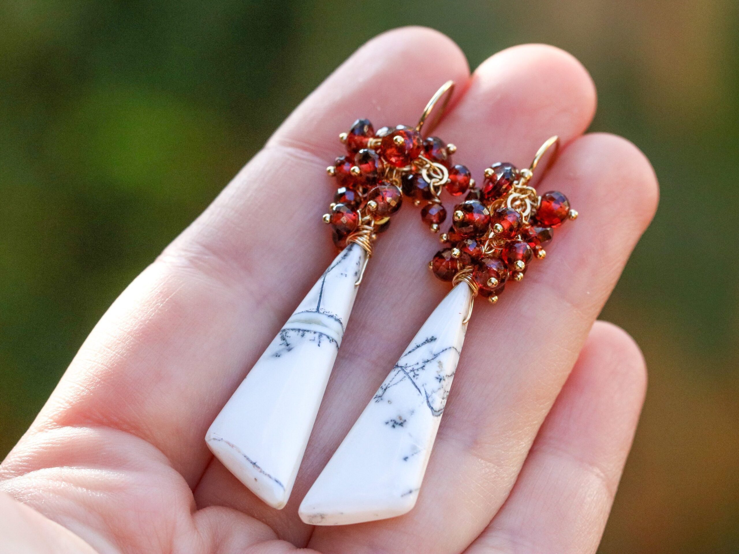 Red Garnet and Dendrite Opal Cluster Earrings in Gold, One of a Kind