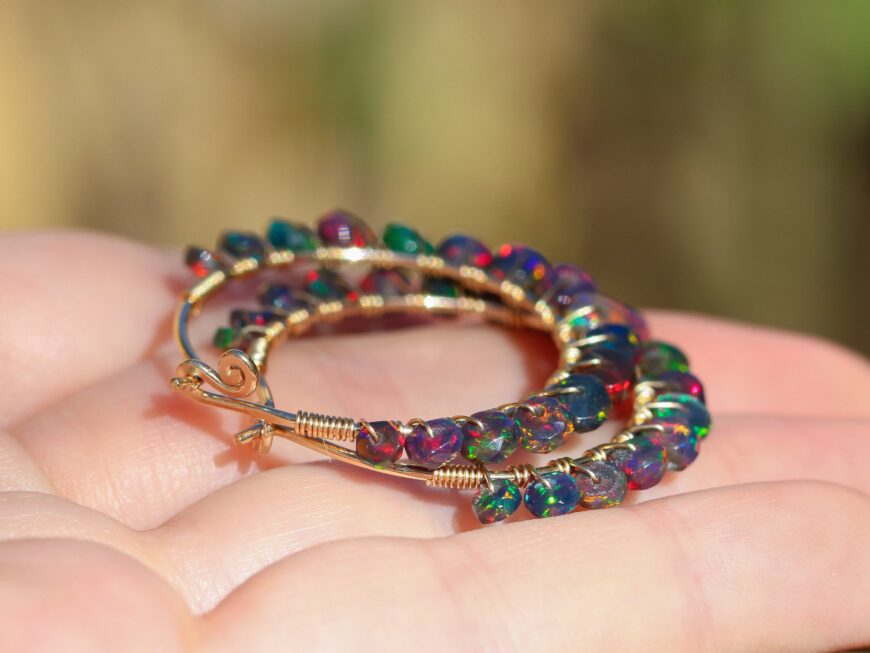 Black Opal Wire Wrapped Gemstone Hoop Earrings in Gold Filled