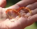 Mexican Fire Opal Wire Wrapped Gemstone Hoop Earrings in Gold Filled