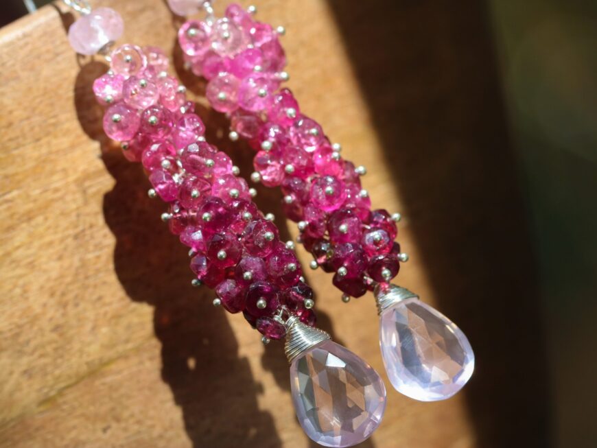 Pink Tourmaline and Rose Quartz Long Cluster Earrings in Silver
