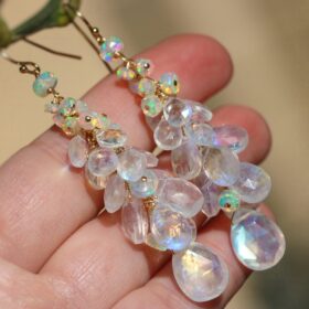 The First Snow Earrings – Rainbow Moonstone and Welo Ethiopian Opal Cascade Cluster Earrings, Long Statement Earrings
