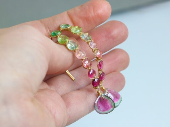 Watermelon Tourmaline Slices Open Hoop Earrings in Gold Filled, One of a Kind